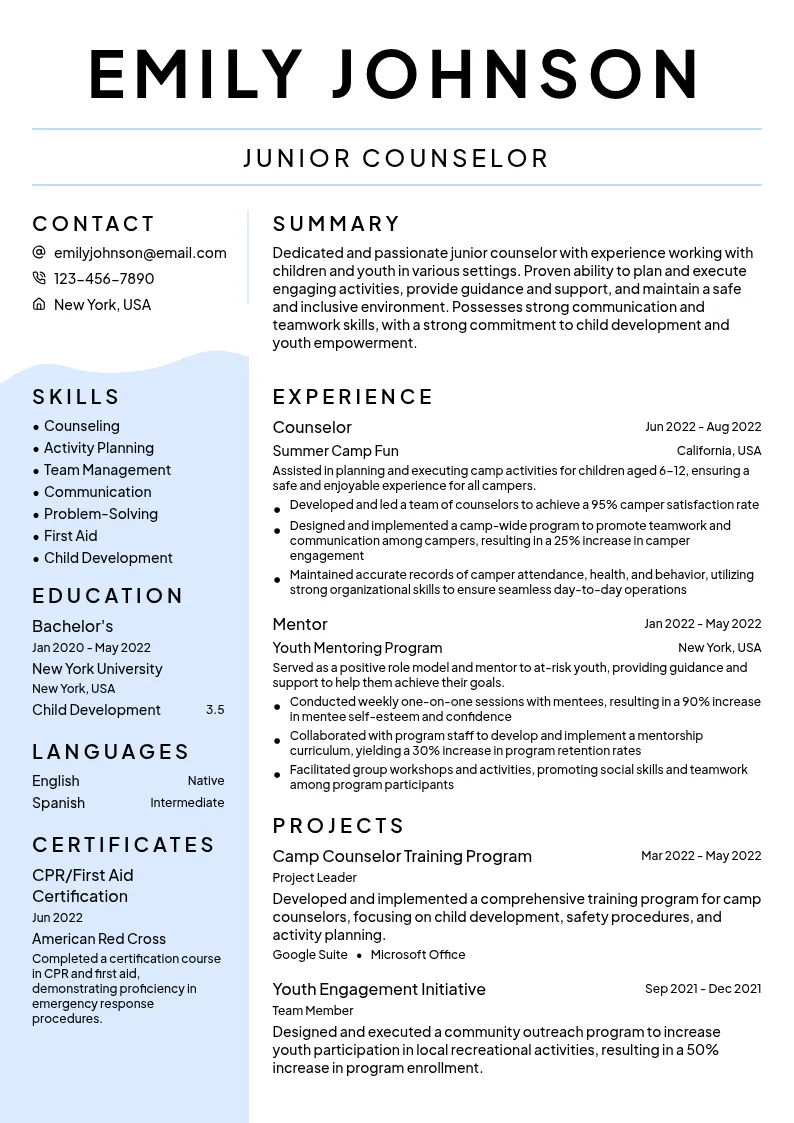 Junior Counselor resume example