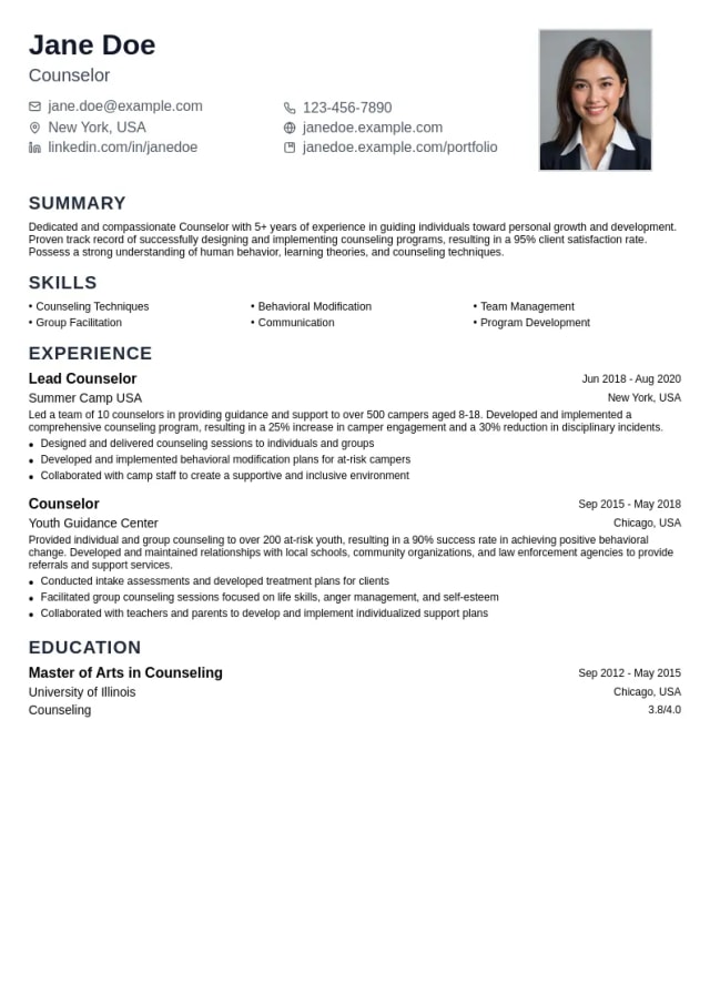 Counselor resume example