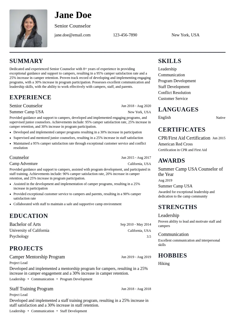 Senior Counselor resume example