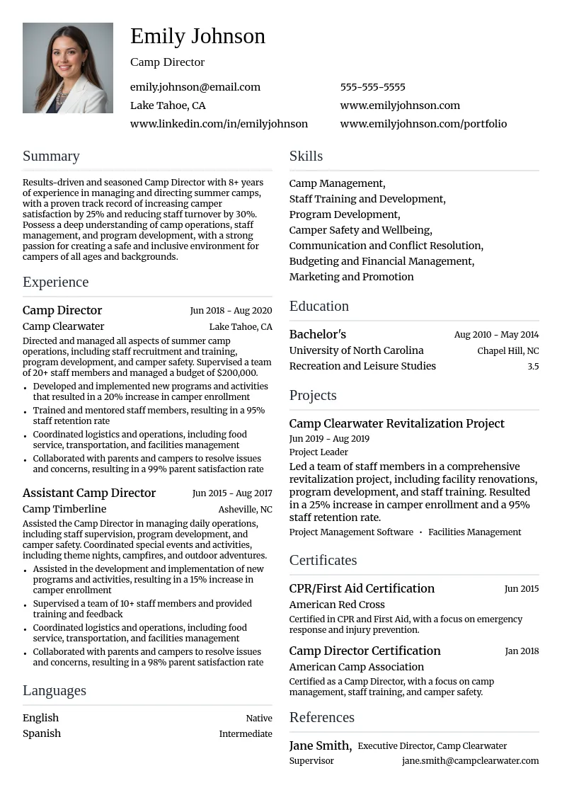 Camp Director resume example