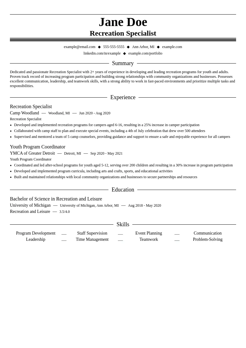 Recreation Specialist resume example