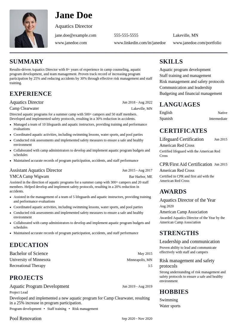 Aquatics Director resume example