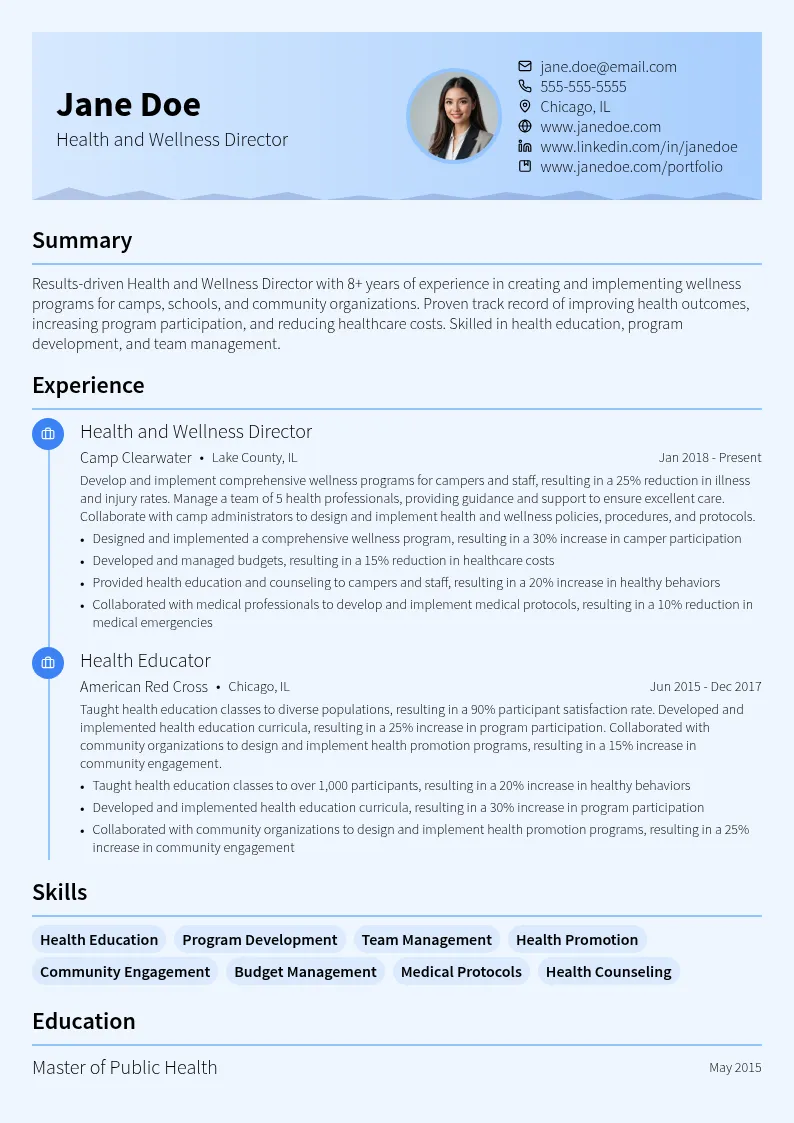 Health and Wellness Director resume example