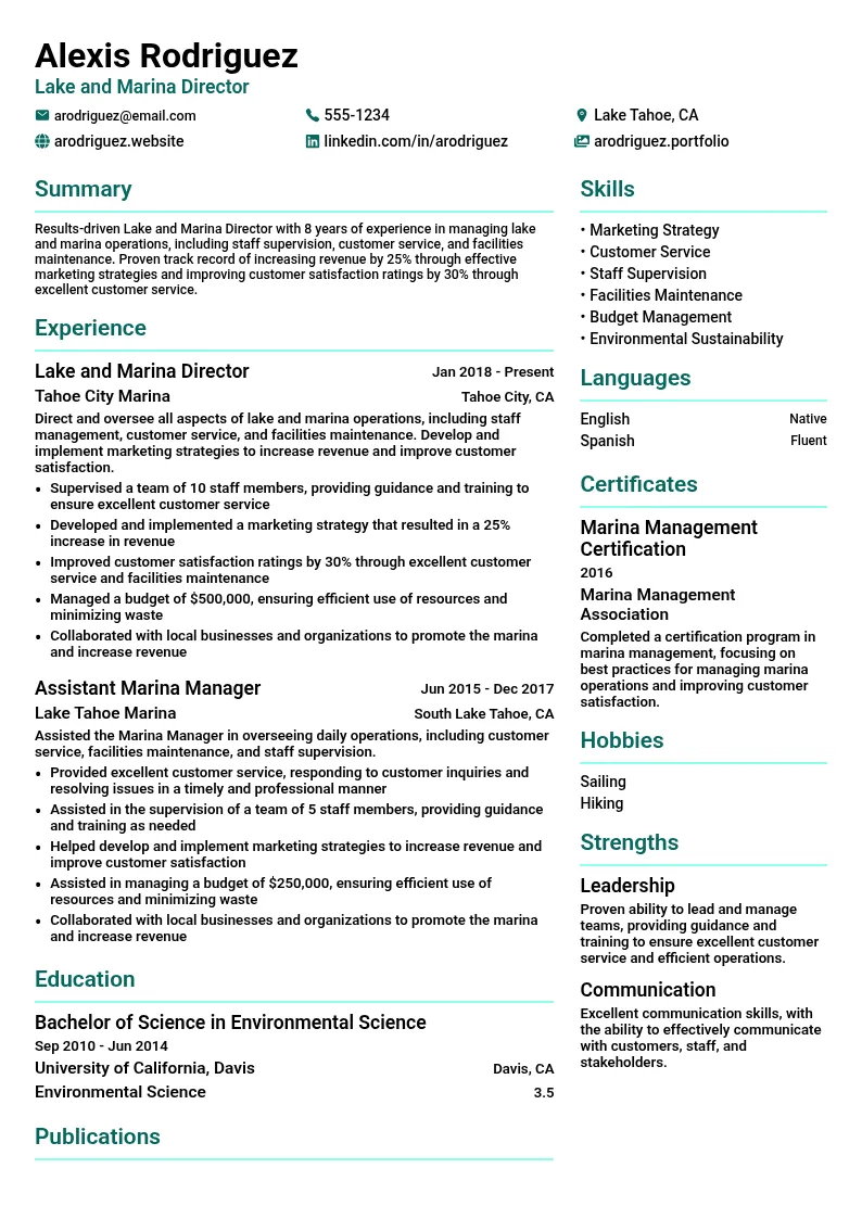 Lake and Marina Director resume example