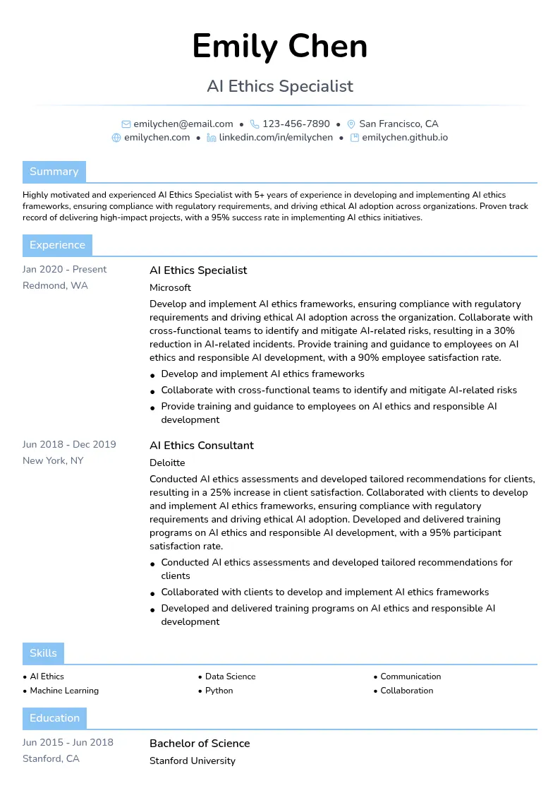 AI Ethics Specialist resume example
