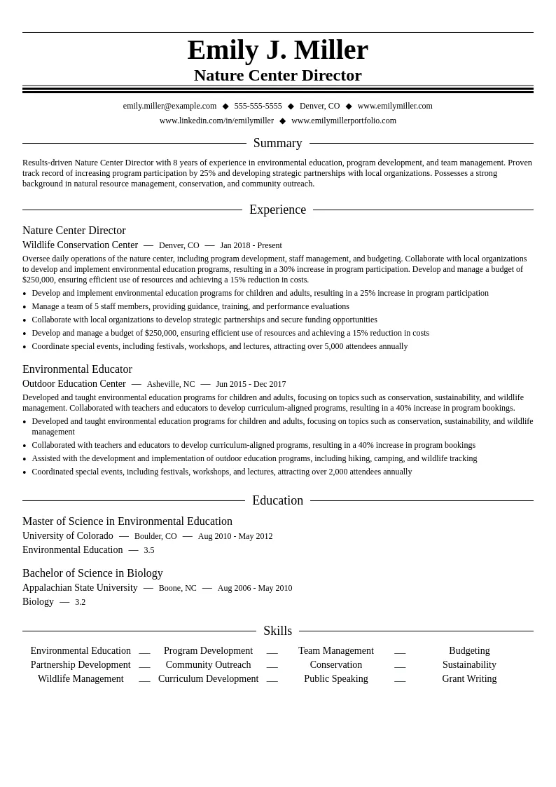 Nature Center Director resume example