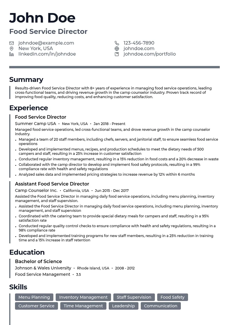 Food Service Director resume example