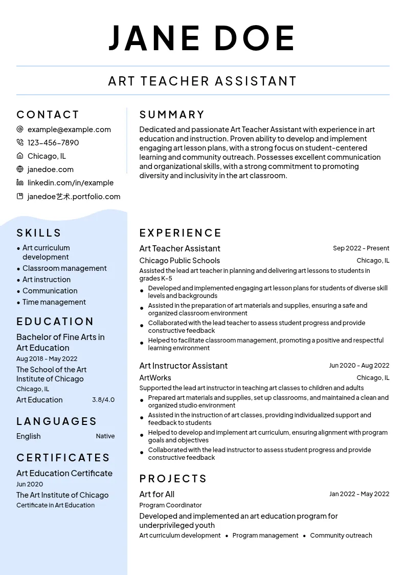 Art Teacher Assistant resume example