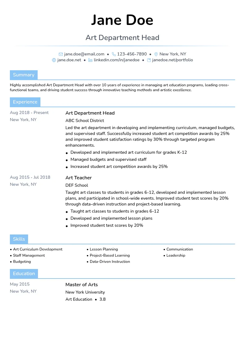 Art Department Head resume example