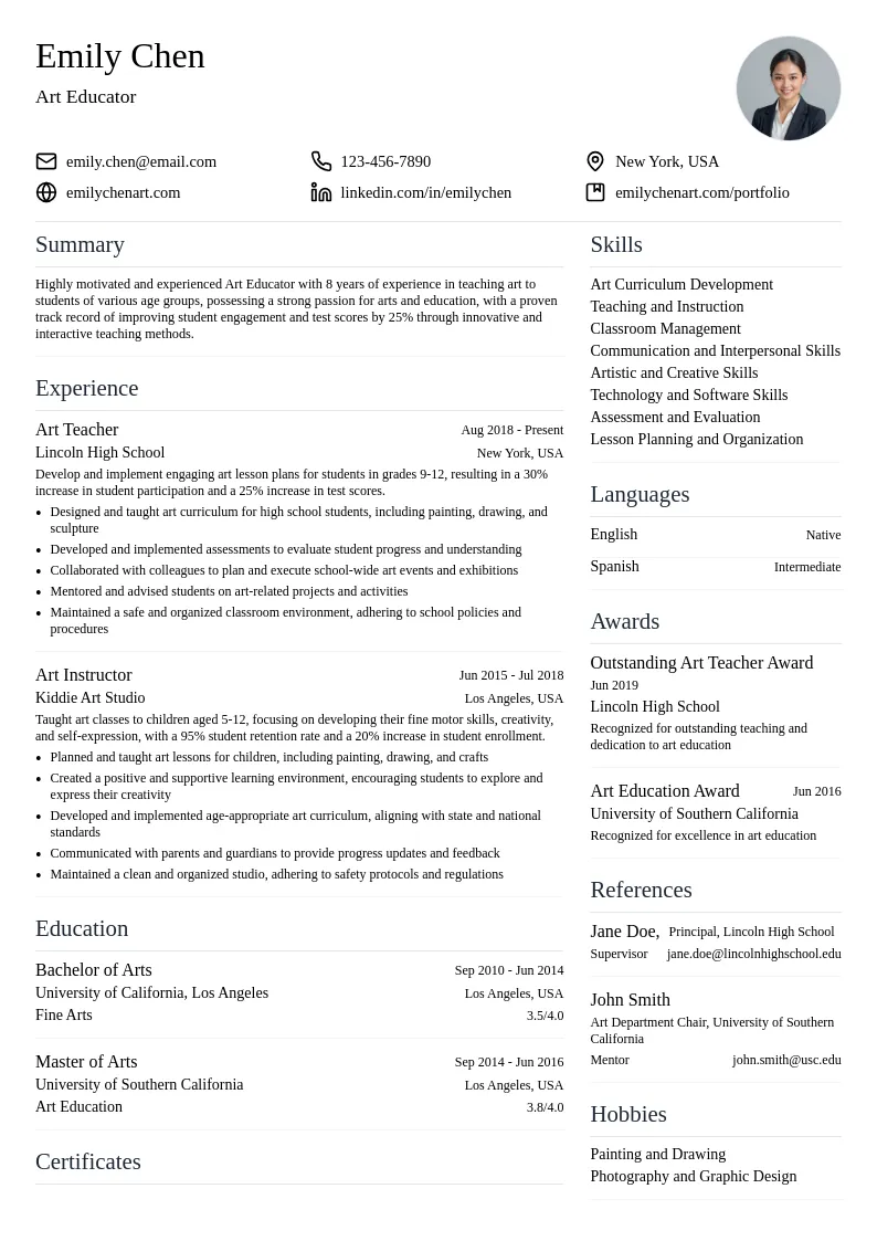 Art Educator resume example
