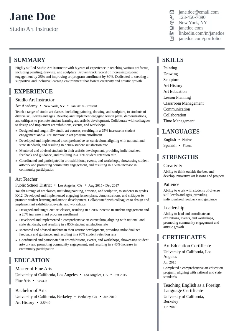 Studio Art Instructor resume example