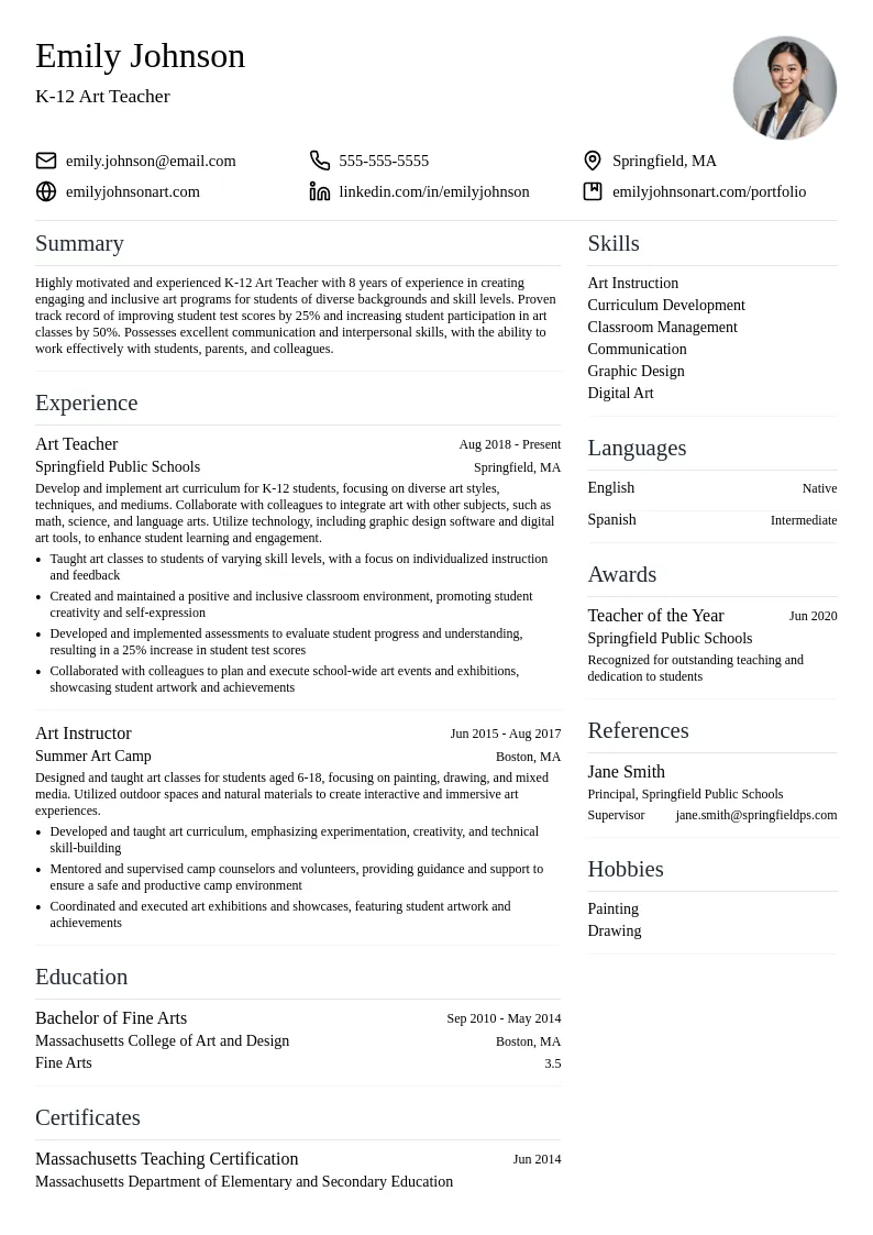 K-12 Art Teacher resume example