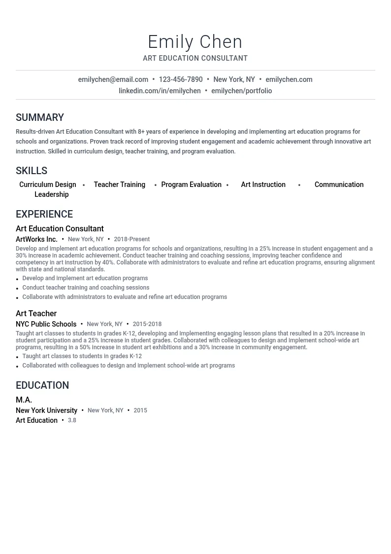 Art Education Consultant resume example