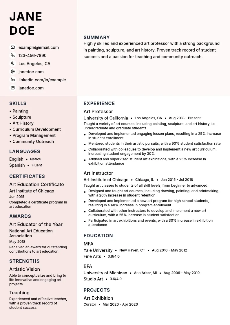 University Art Professor resume example