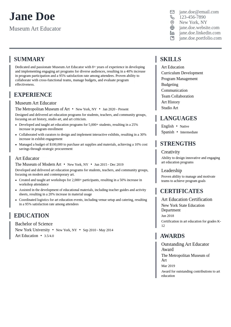 Museum Art Educator resume example