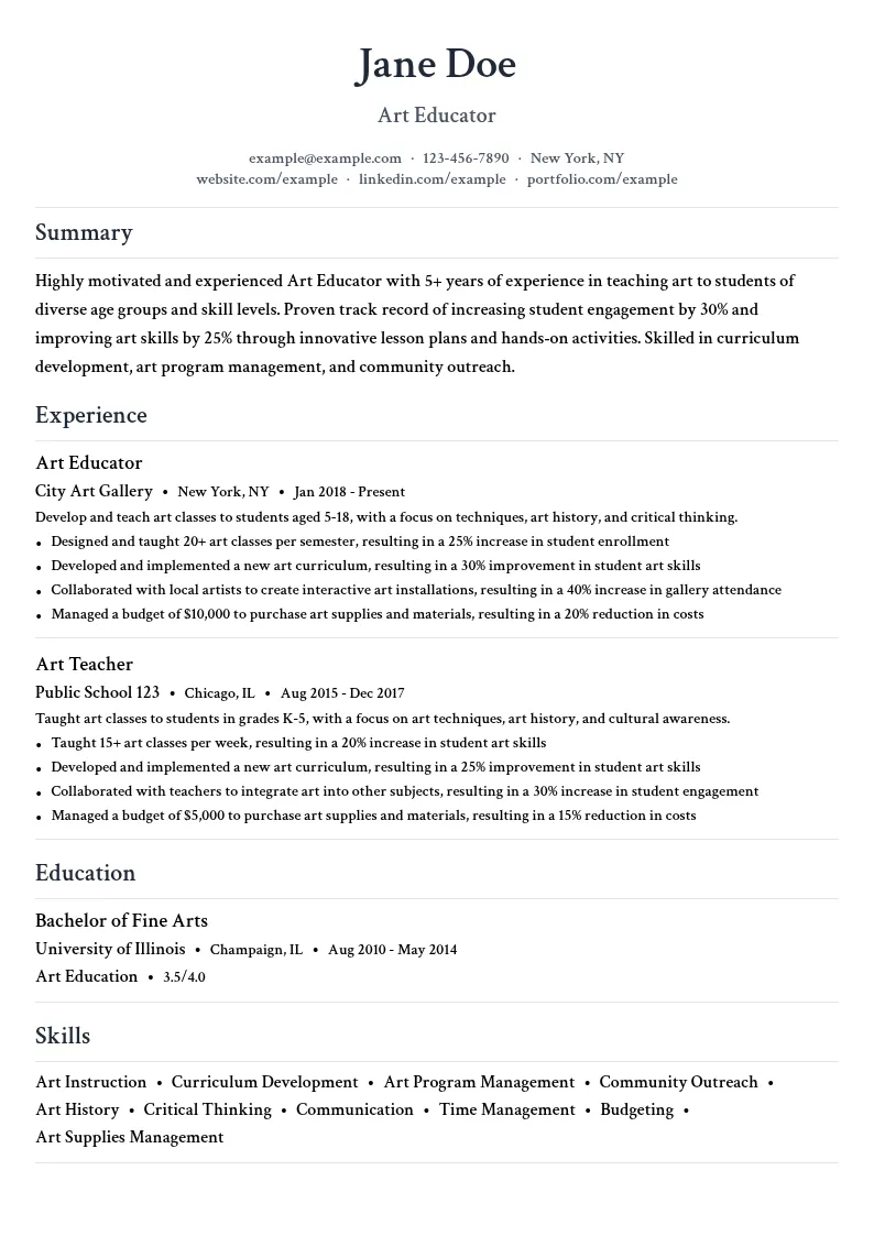 Gallery Art Educator resume example