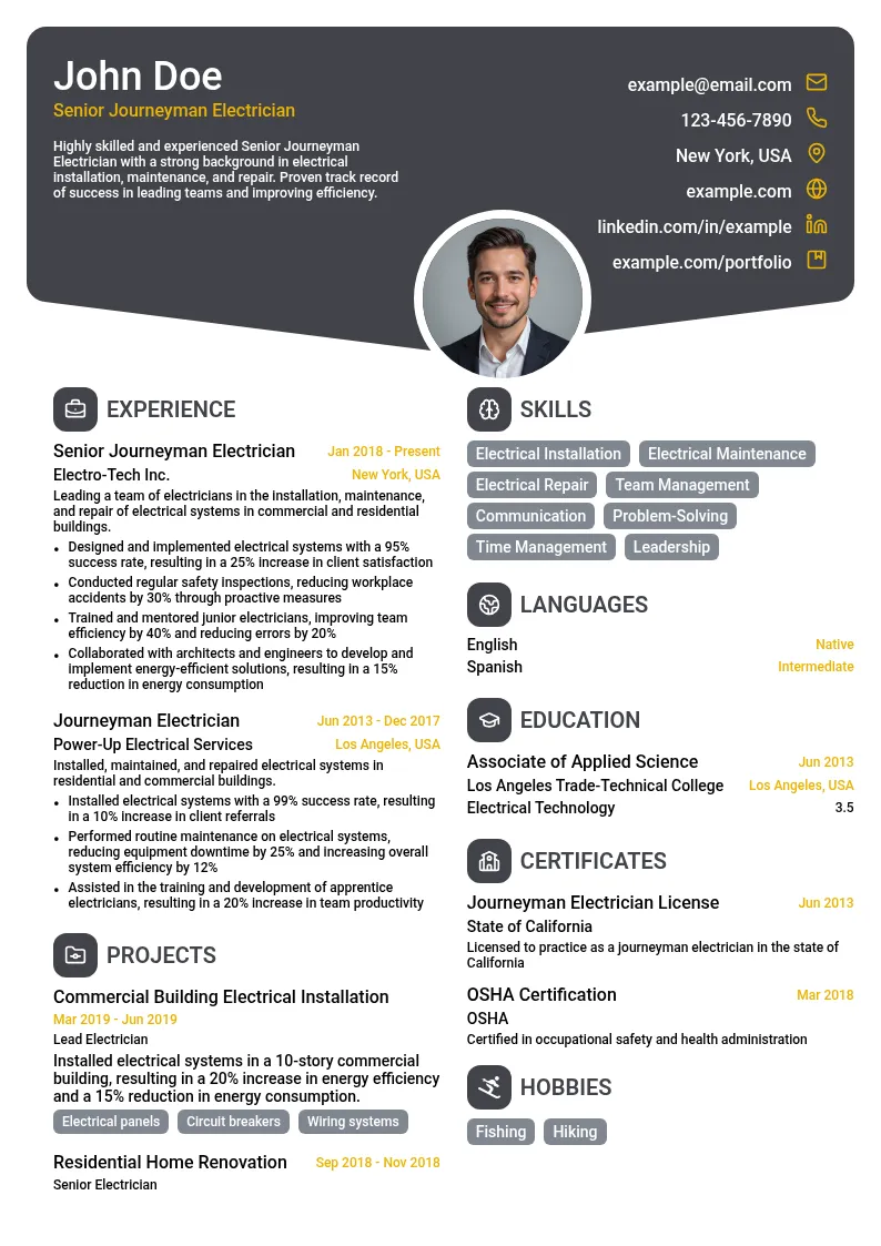 Senior Journeyman Electrician resume example