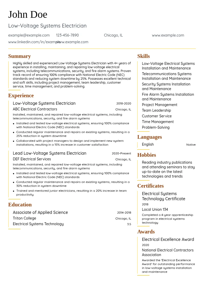Low-Voltage Systems Electrician resume example