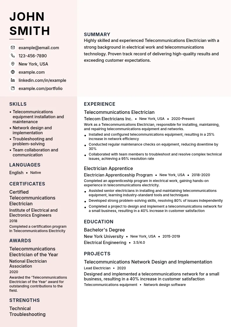 Telecommunications Electrician resume example