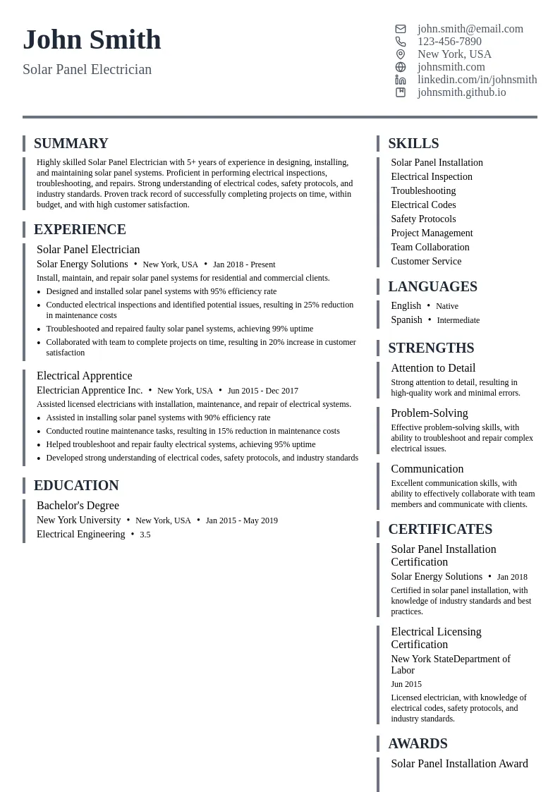 Solar Panel Electrician resume example