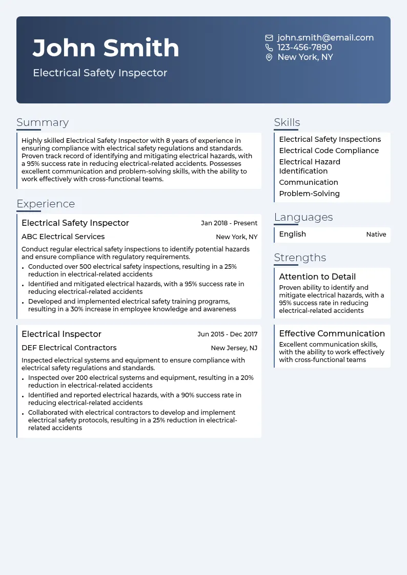 Electrical Safety Inspector resume example