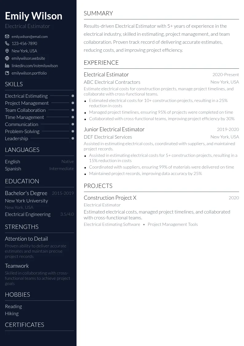 Electrical Estimator resume example
