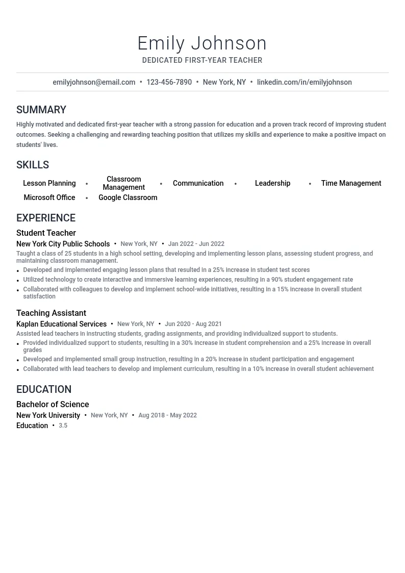 First-Year Teacher resume example
