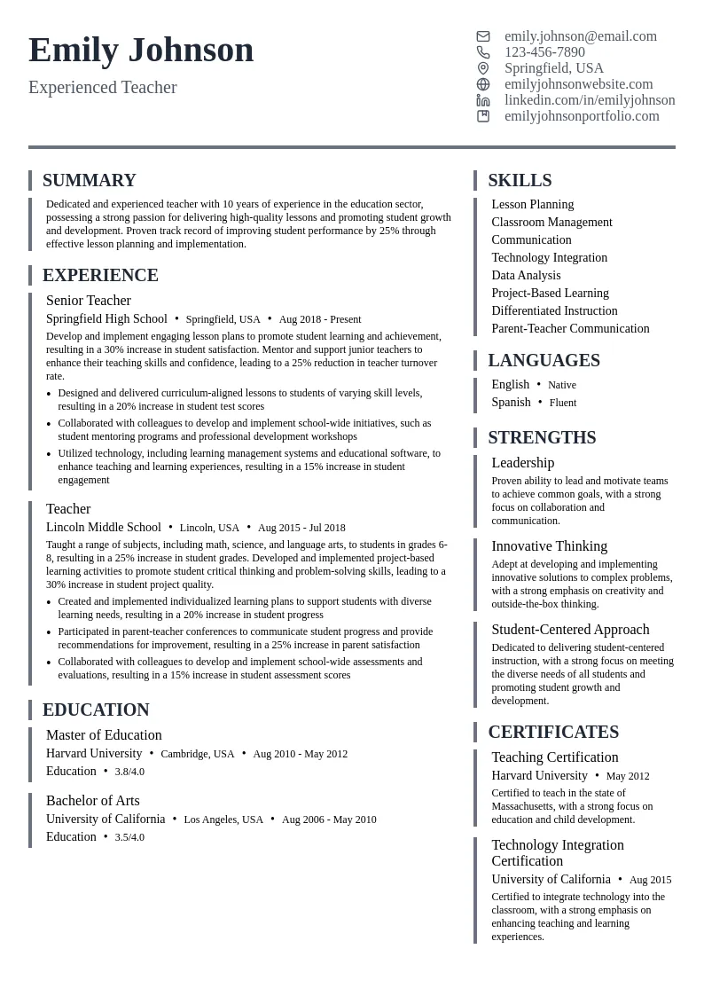 Experienced Teacher resume example