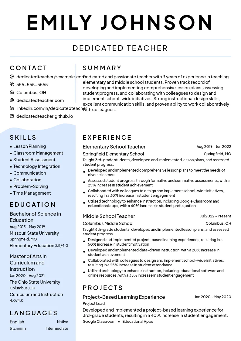 Dedicated Teacher resume example