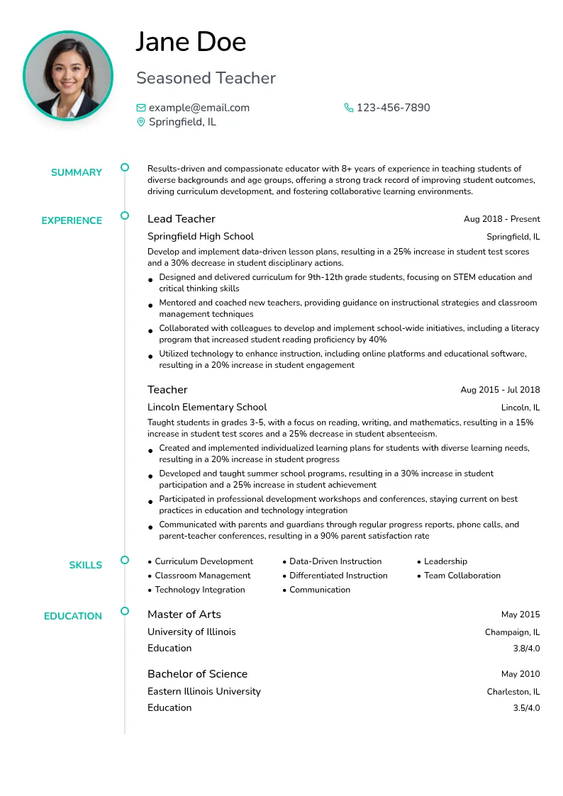 Seasoned Teacher resume example