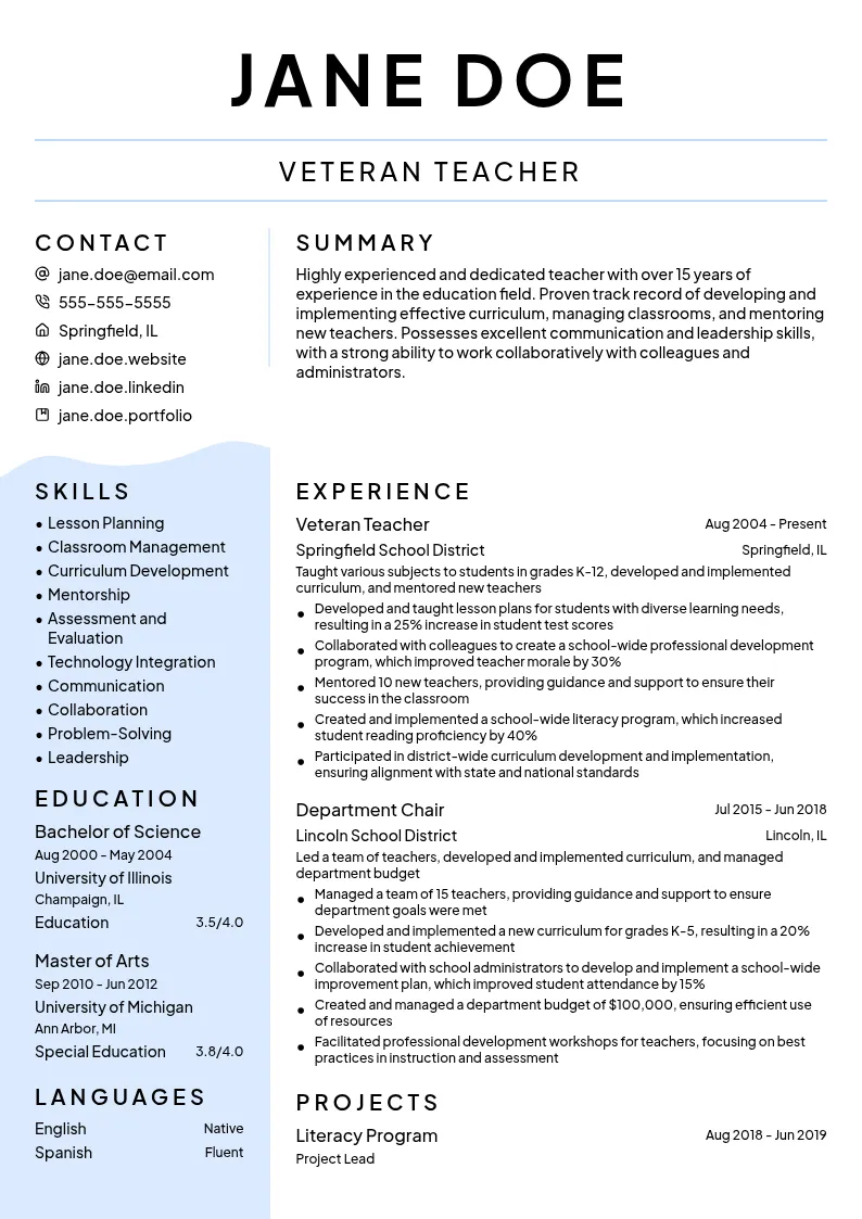 Veteran Teacher resume example
