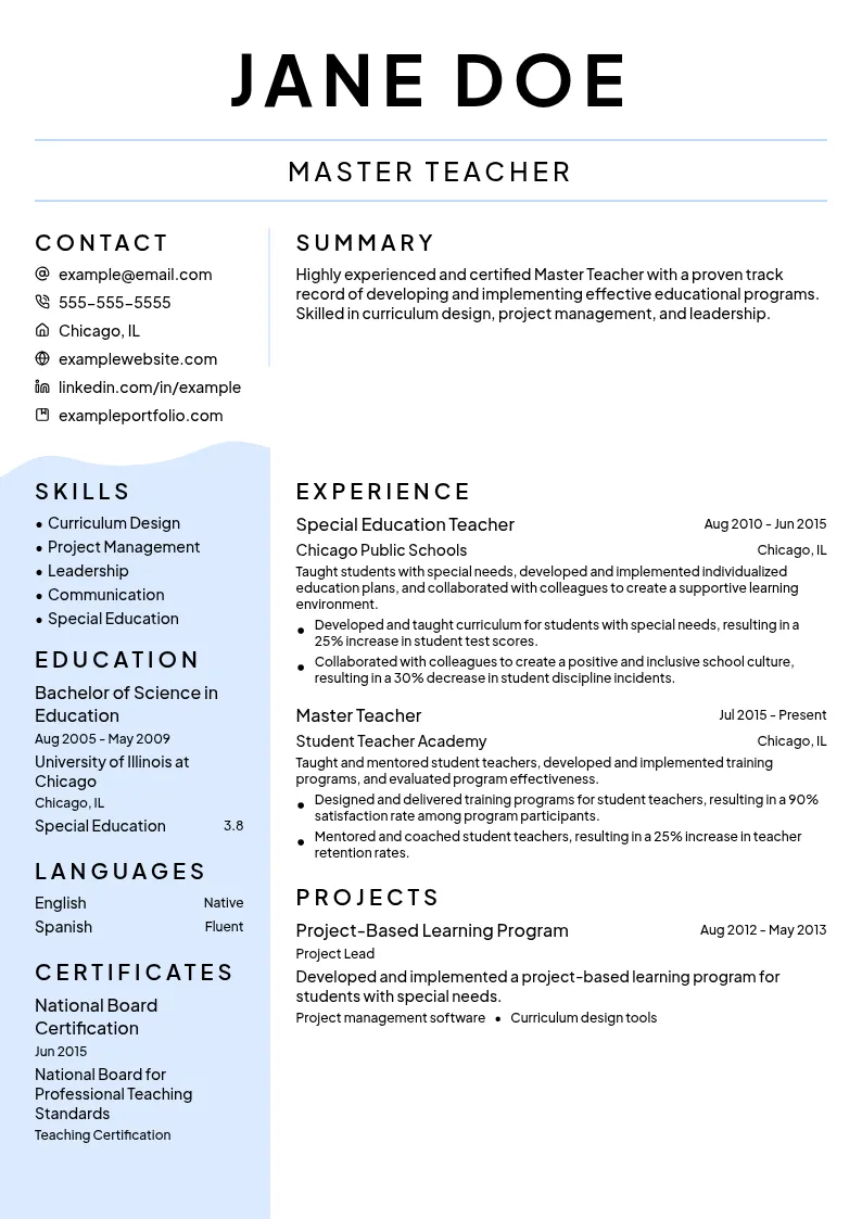 Master Teacher resume example