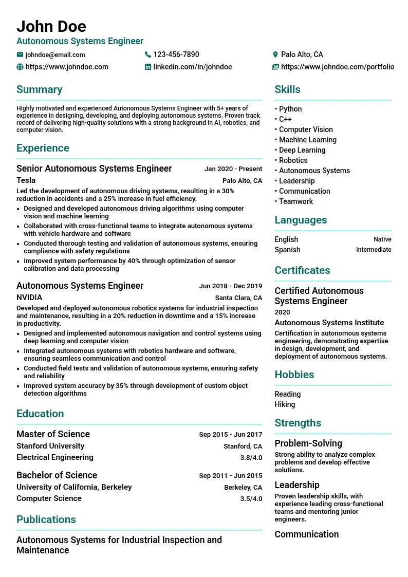 Autonomous Systems Engineer resume example