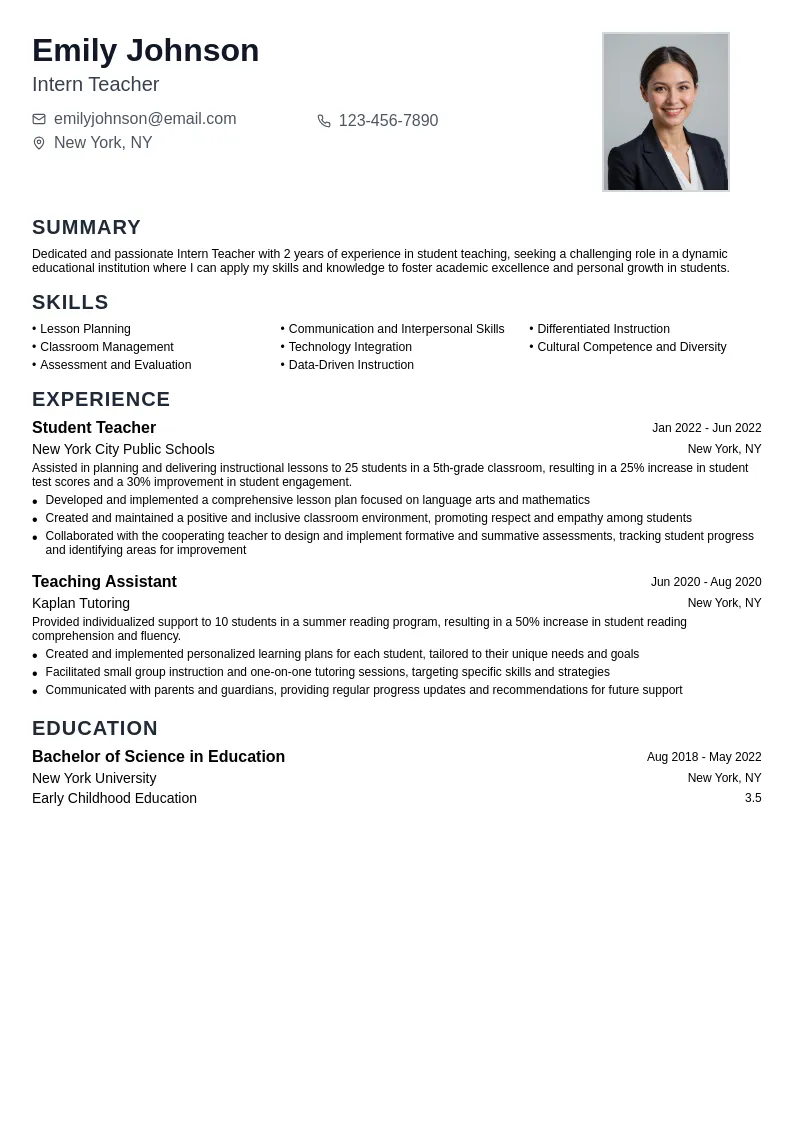 Intern Teacher resume example