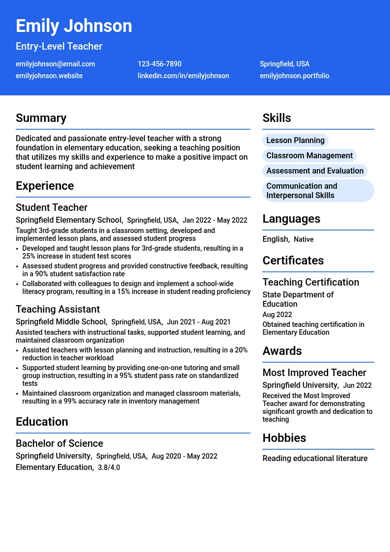 Entry-Level Teacher resume example