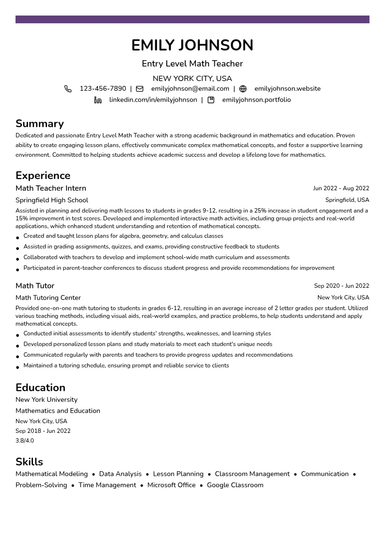 Entry Level Math Teacher resume example