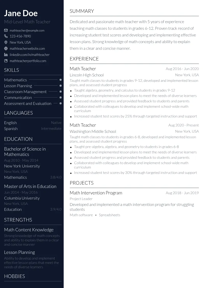 Mid-Level Math Teacher resume example