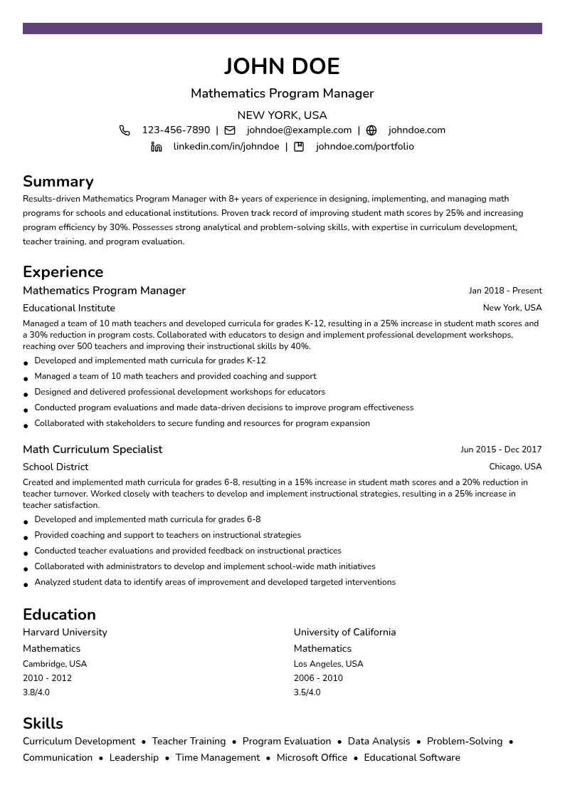 Mathematics Program Manager resume example