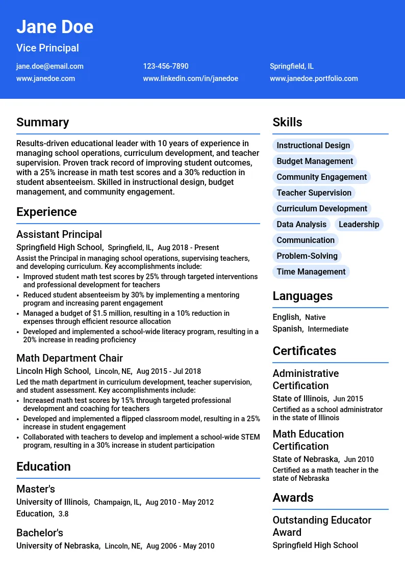 Vice Principal resume example
