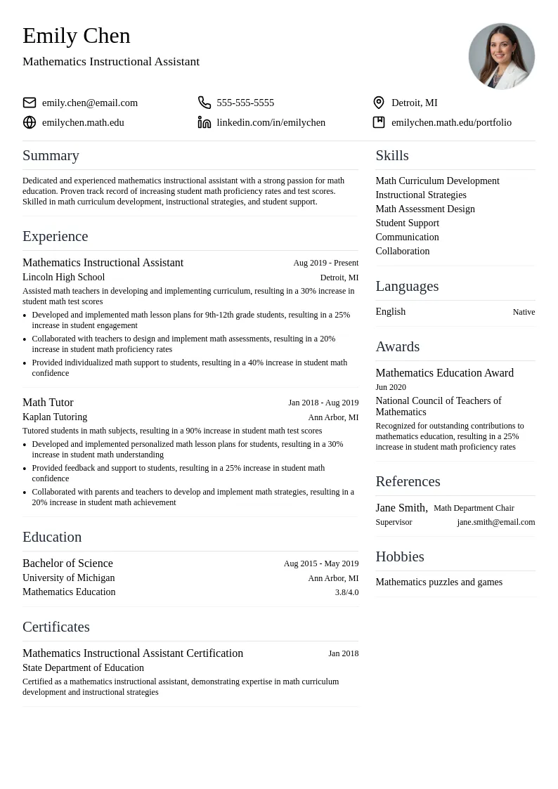 Mathematics Instructional Assistant resume example