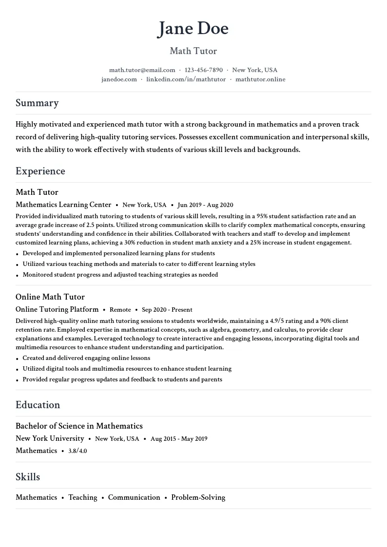 Math Tutor resume example