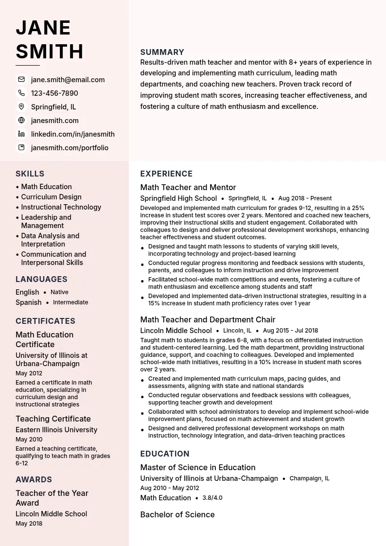 Mentor Teacher resume example