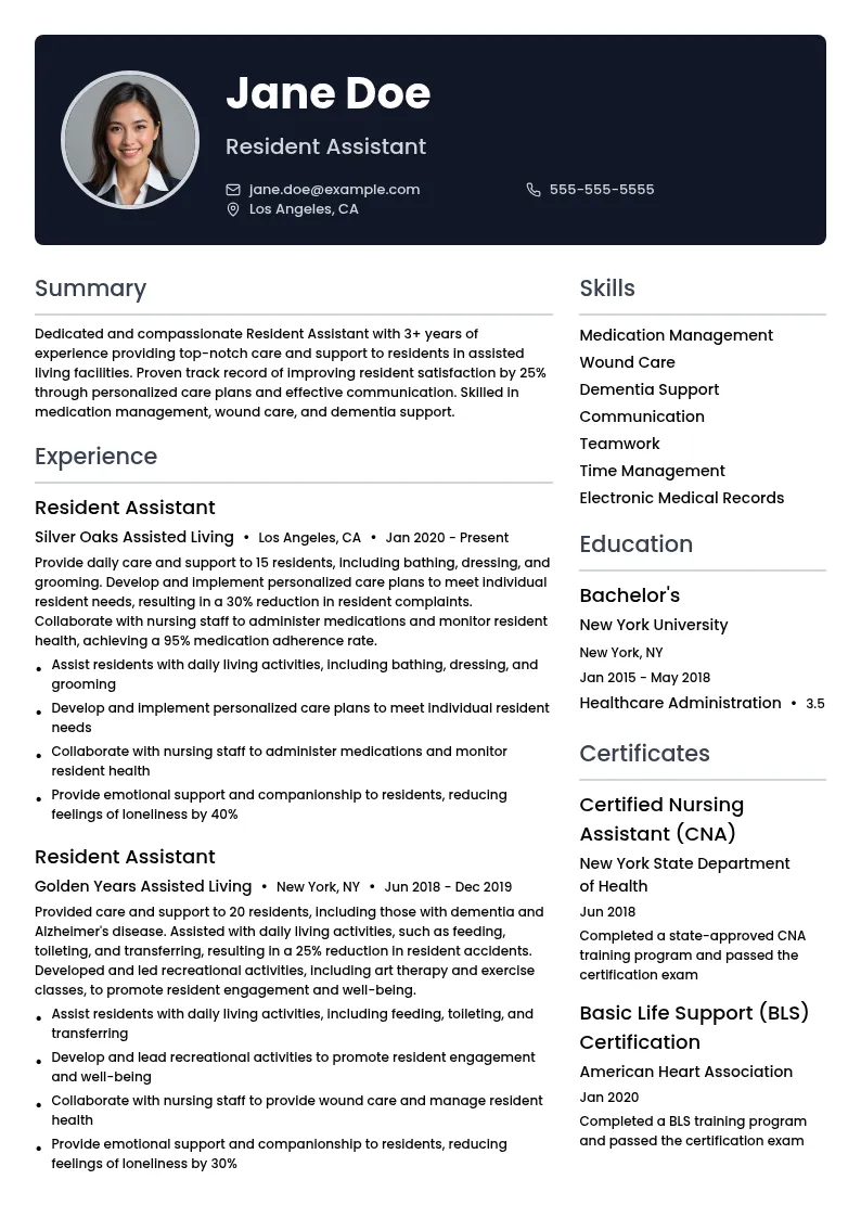 Resident Assistant resume example