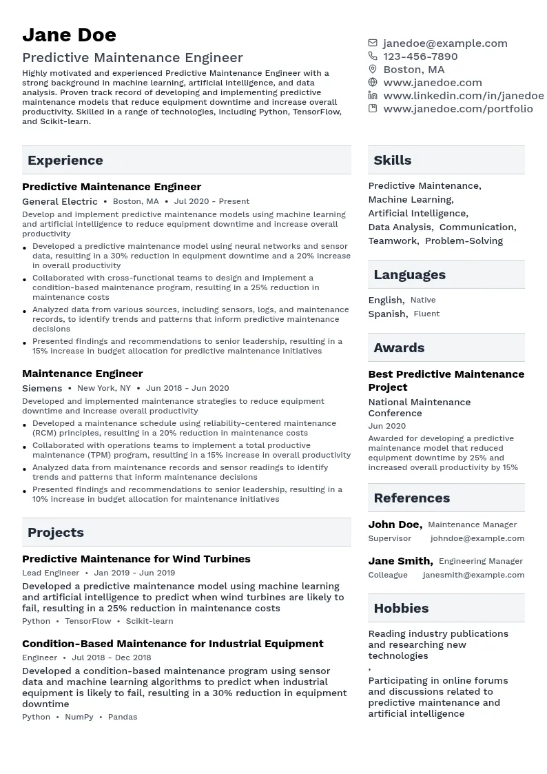 Predictive Maintenance Engineer resume example