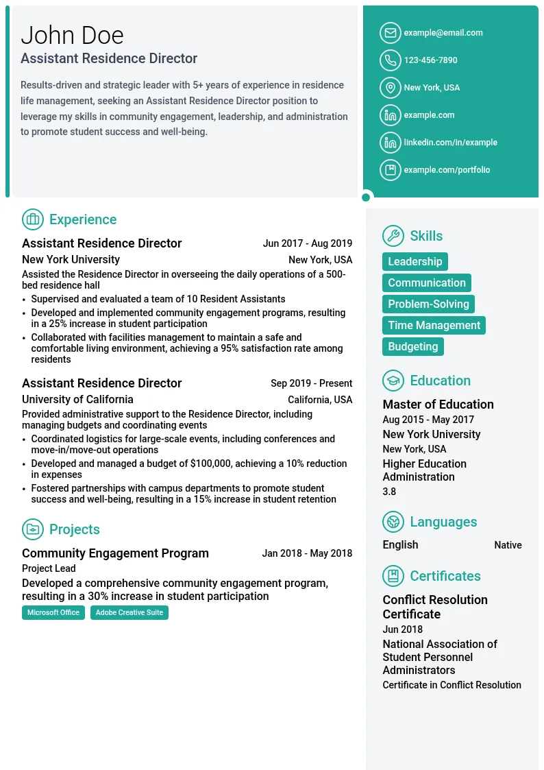 Assistant Residence Director resume example