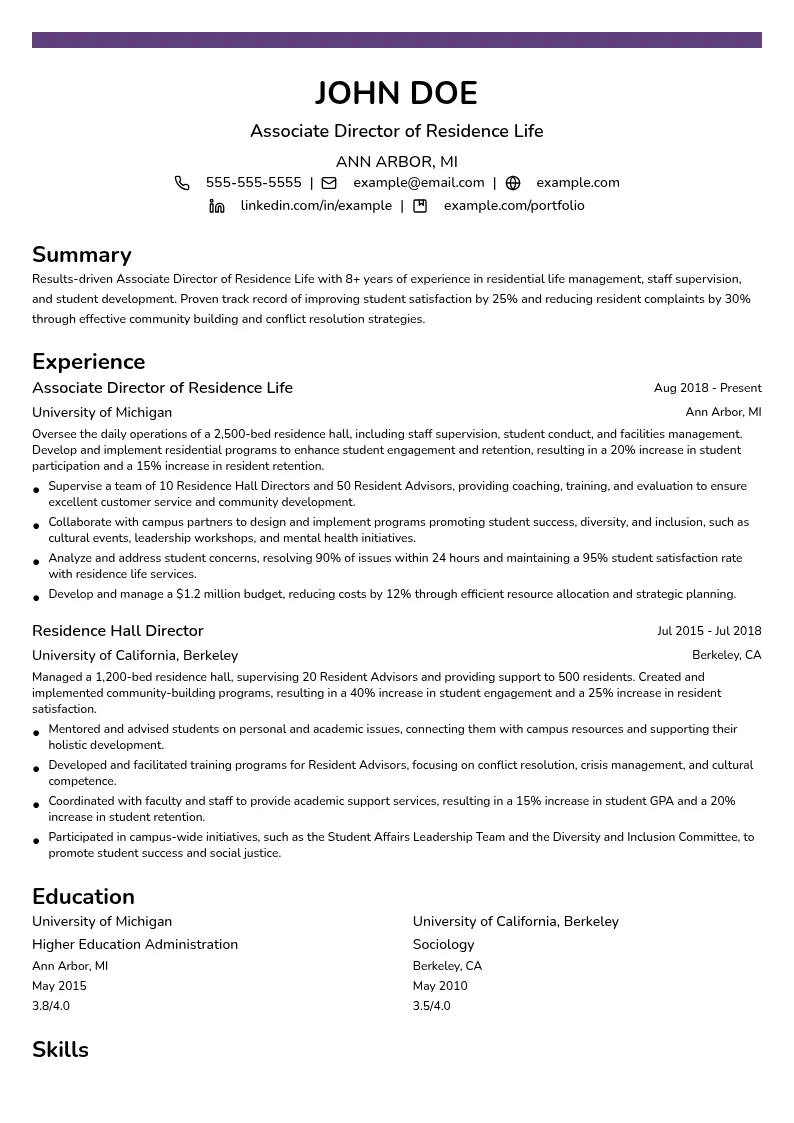 Associate Director of Residence Life resume example