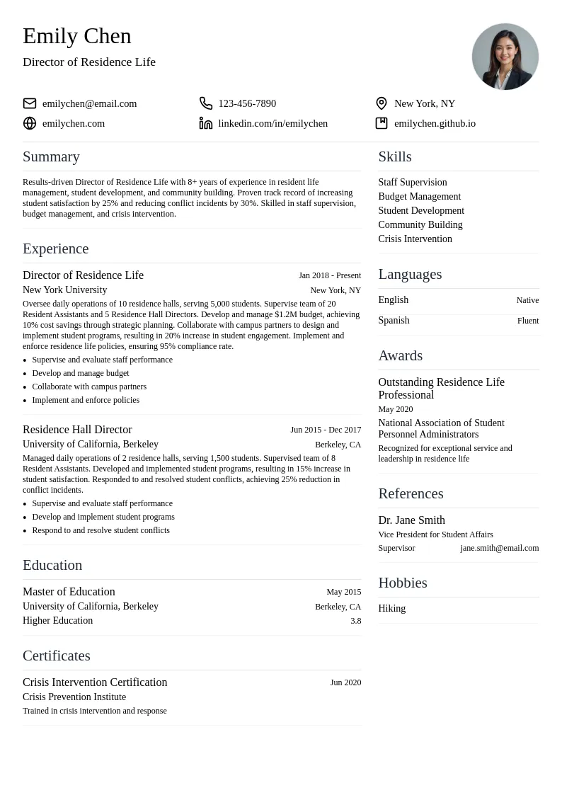 Director of Residence Life resume example