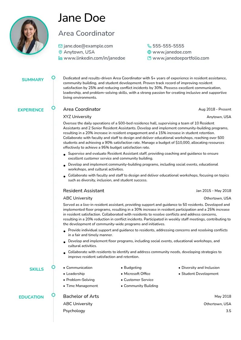 Area Coordinator resume example