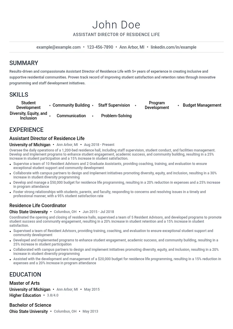 Assistant Director of Residence Life resume example