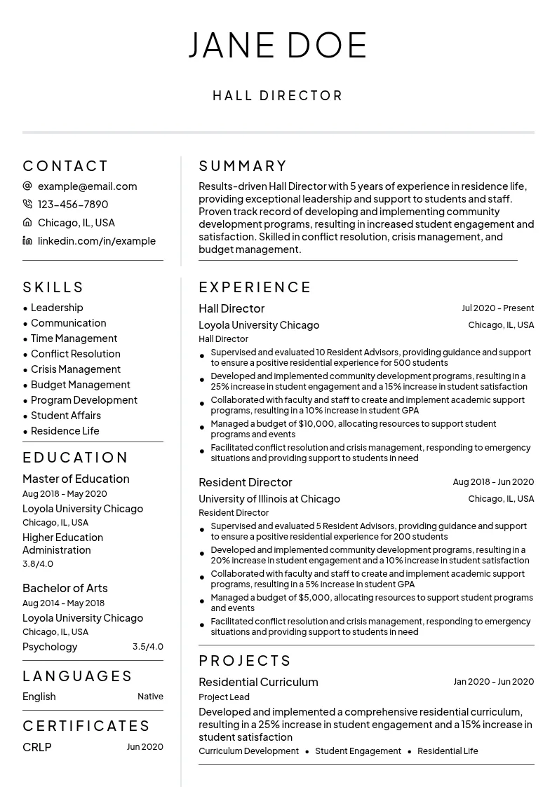 Hall Director resume example